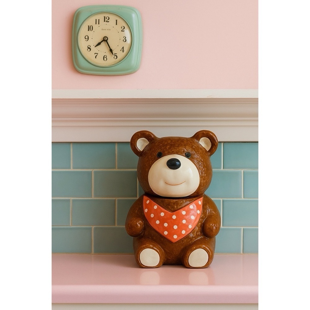 Vintage 1983 Otagiri Ceramic Brown Bear Cookie Jar with Red Polka Dot Bandana